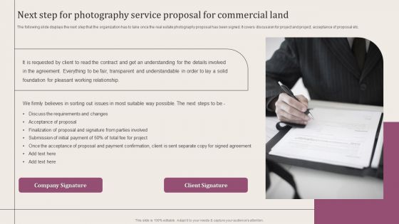 Next Step For Photography Service Proposal For Commercial Land Icons PDF