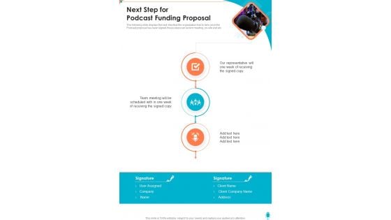 Next Step For Podcast Funding Proposal One Pager Sample Example Document