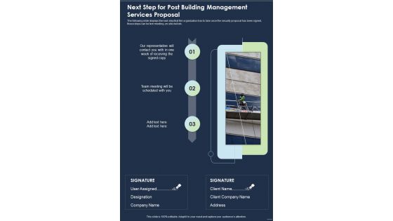 Next Step For Post Building Management Services Proposal One Pager Sample Example Document Next Step For Post Building Management Services Proposal One Pager Sample Example Document