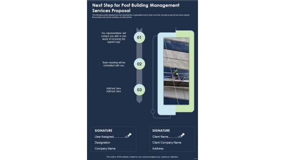 Next Step For Post Building Management Services Proposal One Pager Sample Example Document