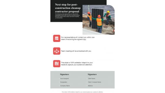 Next Step For Post Construction Cleanup Contractor Proposal One Pager Sample Example Document Next Step For Post Construction Cleanup Contractor Proposal One Pager Sample Example Document