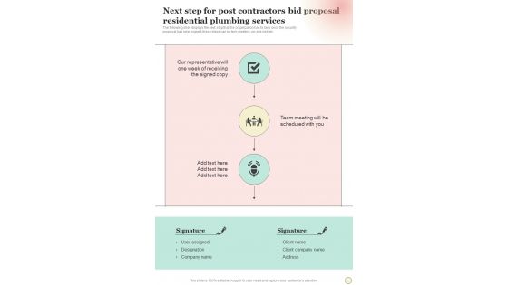 Next Step For Post Contractors Bid Proposal Residential Plumbing Services One Pager Sample Example Document