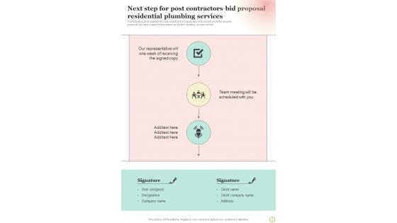 Next Step For Post Contractors Bid Proposal Residential Plumbing Services One Pager Sample Example Document Next Step For Post Contractors Bid Proposal Residential Plumbing Services One Pager Sample Example Document