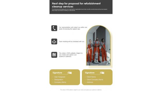 Next Step For Proposal For Refurbishment Cleanup Services One Pager Sample Example Document Next Step For Proposal For Refurbishment Cleanup Services One Pager Sample Example Document