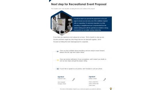 Next Step For Recreational Event Proposal One Pager Sample Example Document