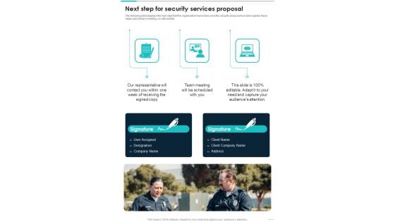 Next Step For Security Services Proposal One Pager Sample Example Document