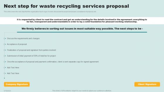 Next Step For Waste Recycling Services Proposal Ppt Slides Guidelines PDF