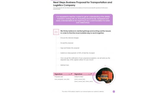 Next Steps Business Proposal For Transportation And Logistics Company One Pager Sample Example Document Next Steps Business Proposal For Transportation And Logistics Company One Pager Sample Example Document
