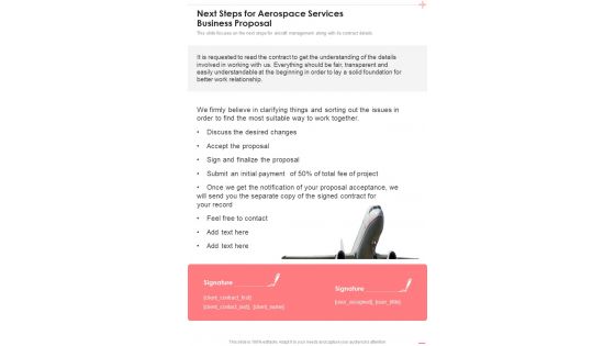 Next Steps For Aerospace Services Business Proposal One Pager Sample Example Document Next Steps For Aerospace Services Business Proposal One Pager Sample Example Document