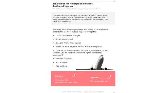 Next Steps For Aerospace Services Business Proposal One Pager Sample Example Document