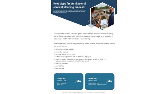 Next Steps For Architectural Concept Planning Proposal One Pager Sample Example Document