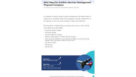 Next Steps For Aviation Services Management Proposal Company One Pager Sample Example Document