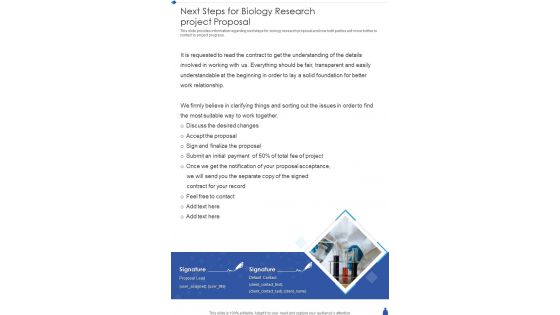 Next Steps For Biology Research Project Proposal One Pager Sample Example Document