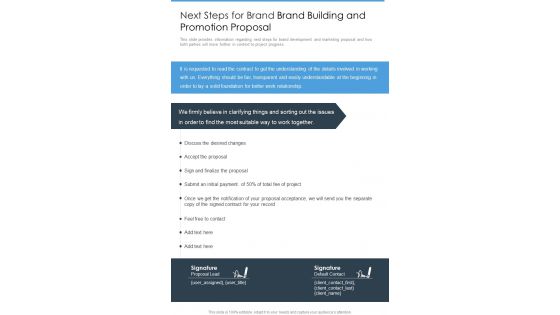 Next Steps For Brand Brand Building And Promotion Proposal One Pager Sample Example Document Next Steps For Brand Brand Building And Promotion Proposal One Pager Sample Example Document