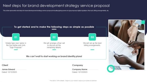 Next Steps For Brand Development Strategy Service Proposal Slides PDF
