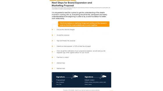 Next Steps For Brand Expansion And Marketing Proposal One Pager Sample Example Document Next Steps For Brand Expansion And Marketing Proposal One Pager Sample Example Document
