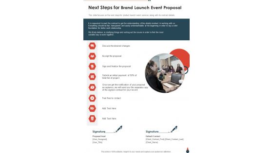 Next Steps For Brand Launch Event Proposal One Pager Sample Example Document