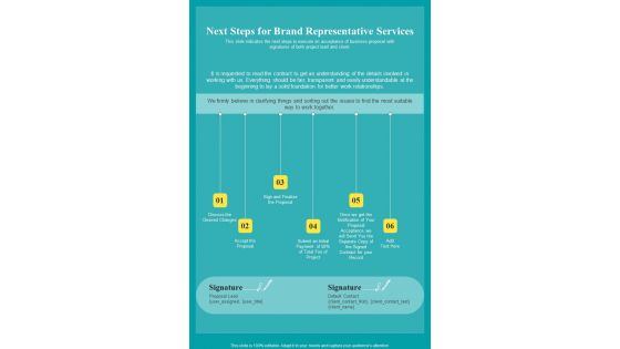 Next Steps For Brand Representative Services One Pager Sample Example Document