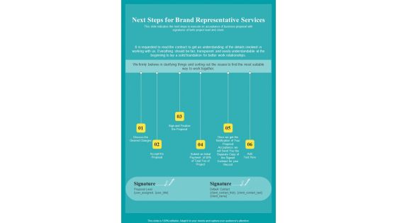 Next Steps For Brand Representative Services One Pager Sample Example Document Next Steps For Brand Representative Services One Pager Sample Example Document