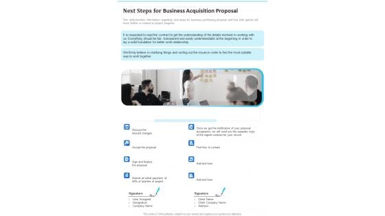 Next Steps For Business Acquisition Proposal One Pager Sample Example Document