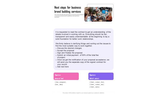 Next Steps For Business Brand Building Services One Pager Sample Example Document Next Steps For Business Brand Building Services One Pager Sample Example Document