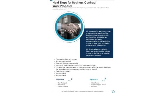 Next Steps For Business Contract Work Proposal One Pager Sample Example Document