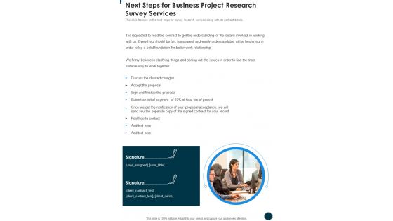 Next Steps For Business Project Research Survey Services One Pager Sample Example Document