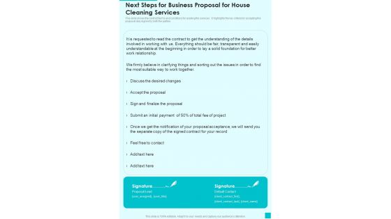 Next Steps For Business Proposal For House Cleaning Services One Pager Sample Example Document Next Steps For Business Proposal For House Cleaning Services One Pager Sample Example Document