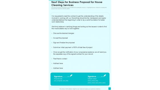 Next Steps For Business Proposal For House Cleaning Services One Pager Sample Example Document