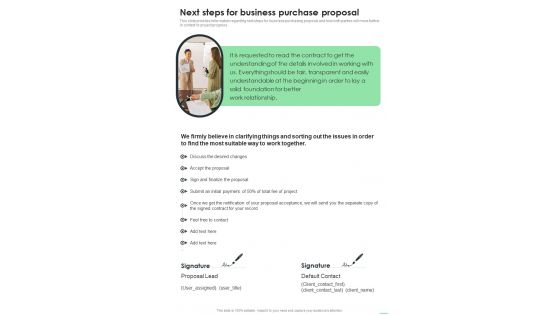 Next Steps For Business Purchase Proposal One Pager Sample Example Document