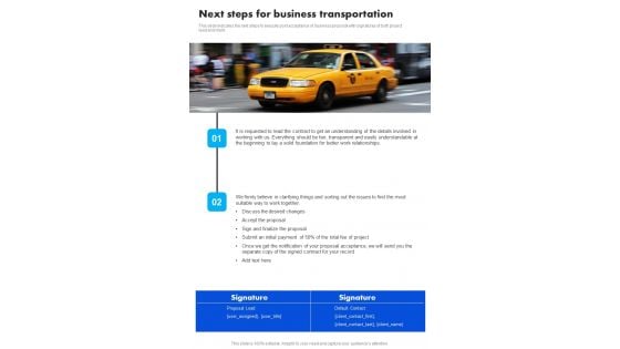 Next Steps For Business Transportation One Pager Sample Example Document Next Steps For Business Transportation One Pager Sample Example Document