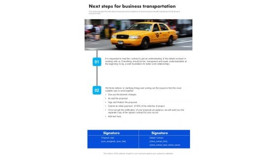 Next Steps For Business Transportation One Pager Sample Example Document