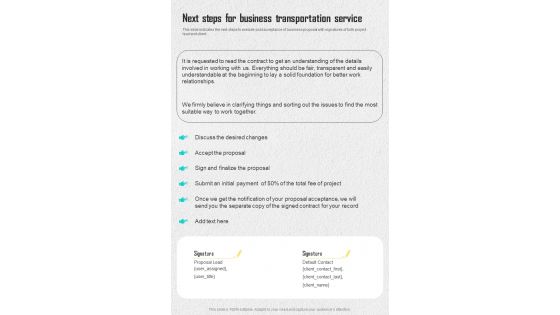 Next Steps For Business Transportation Service One Pager Sample Example Document Next Steps For Business Transportation Service One Pager Sample Example Document
