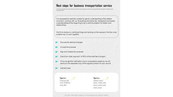 Next Steps For Business Transportation Service One Pager Sample Example Document