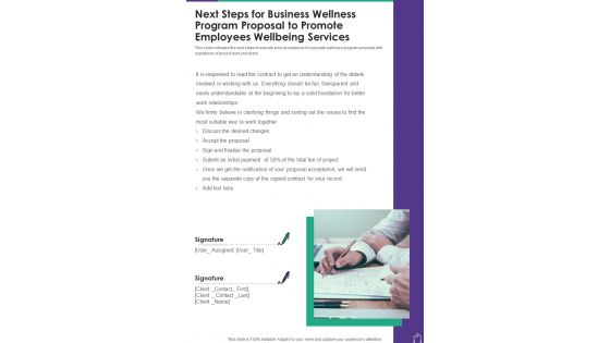 Next Steps For Business Wellness Program Proposal To Promote One Pager Sample Example Document Next Steps For Business Wellness Program Proposal To Promote One Pager Sample Example Document