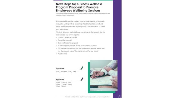 Next Steps For Business Wellness Program Proposal To Promote One Pager Sample Example Document