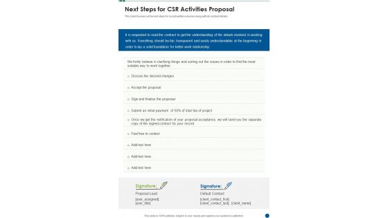 Next Steps For CSR Activities Proposal One Pager Sample Example Document Next Steps For CSR Activities Proposal One Pager Sample Example Document