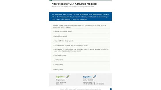 Next Steps For CSR Activities Proposal One Pager Sample Example Document