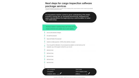 Next Steps For Cargo Inspection Software Package Services One Pager Sample Example Document