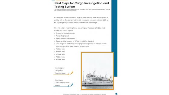 Next Steps For Cargo Investigation And Testing System One Pager Sample Example Document