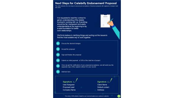 Next Steps For Celebrity Endorsement Proposal One Pager Sample Example Document