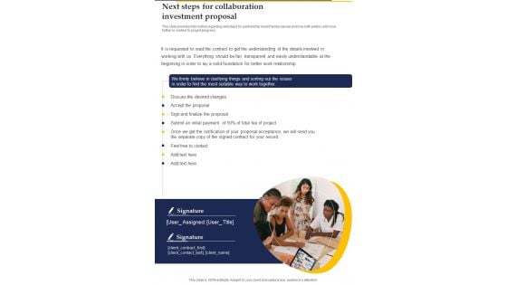 Next Steps For Collaboration Investment Proposal One Pager Sample Example Document Next Steps For Collaboration Investment Proposal One Pager Sample Example Document