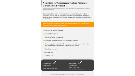 Next Steps For Commercial Airline Passenger Career Sales Proposal One Pager Sample Example Document