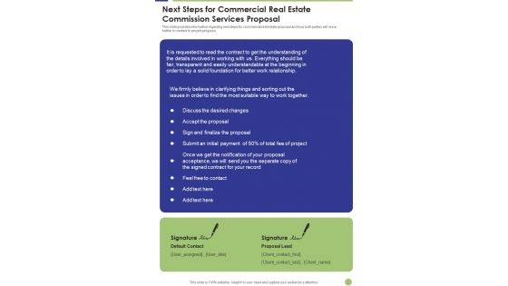 Next Steps For Commercial Real Estate Commission Services Proposal One Pager Sample Example Document
