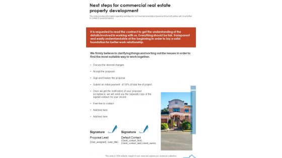 Next Steps For Commercial Real Estate Property Development One Pager Sample Example Document