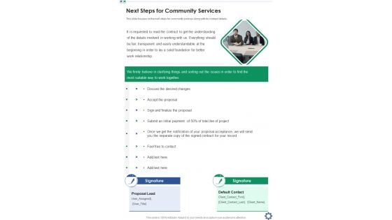 Next Steps For Community Services One Pager Sample Example Document