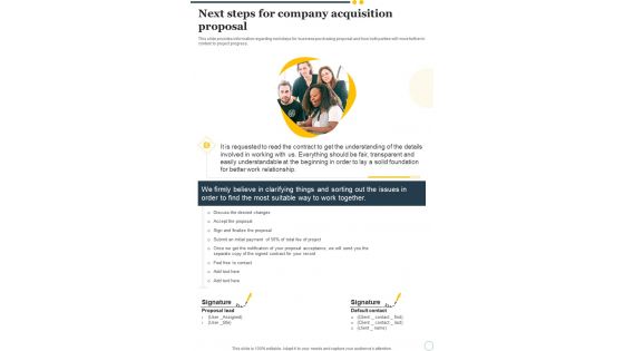 Next Steps For Company Acquisition Proposal One Pager Sample Example Document