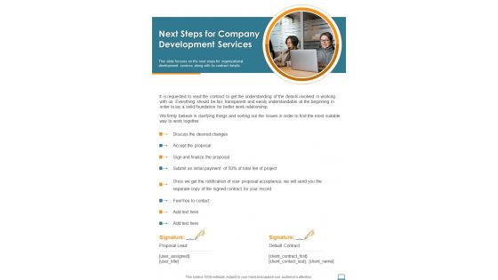 Next Steps For Company Development Services One Pager Sample Example Document