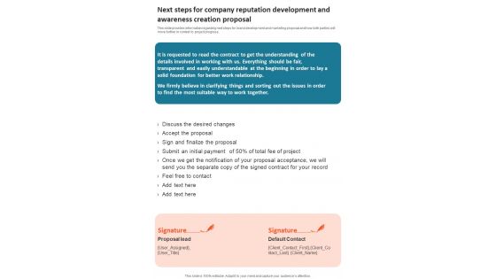 Next Steps For Company Reputation Development And Awareness Creation One Pager Sample Example Document Next Steps For Company Reputation Development And Awareness Creation One Pager Sample Example Document