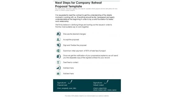 Next Steps For Company Retreat Proposal Template One Pager Sample Example Document Next Steps For Company Retreat Proposal Template One Pager Sample Example Document